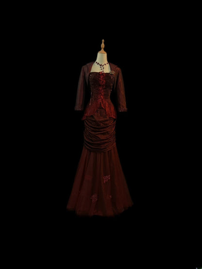 Vintage 70s Prom Dresses Mermaid Strapless Burgundy With Cape For Women Long Evening Formal Outfits RB3587