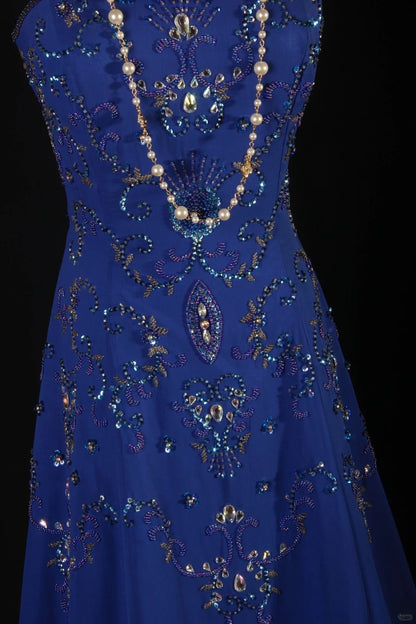Retro 70s 1960s Formal A Line Strapless Royal Blue With Gem Beads Chiffon Sleeveless Long Prom Dresses Party Formal Gowns AS142