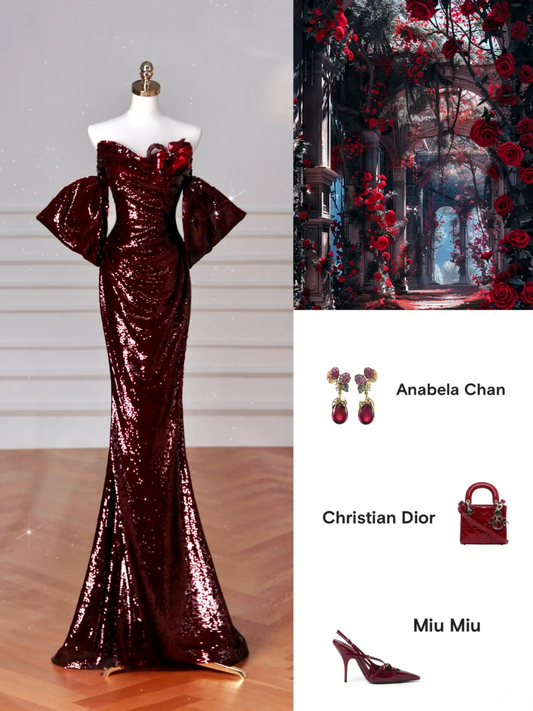 Robe de bal longue bordeaux à paillettes, décolleté cœur et manches courtes, style sirène, ornée de sequins. Idéale pour une soirée dansante ou un anniversaire (AB2208).