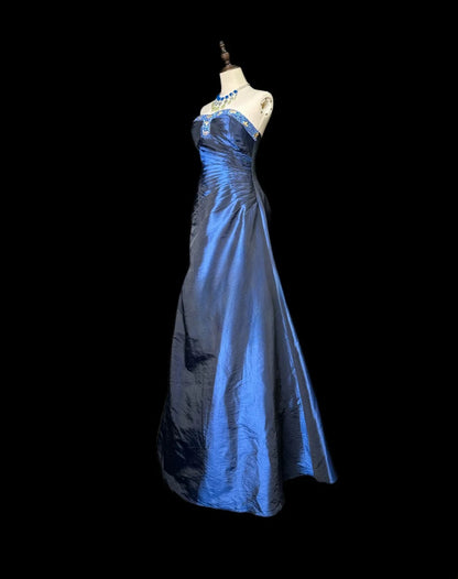 Classy Prom Dresses Ball Gown Strapless Navy Blue Taffeta Long Party Dress Formal Outfits RB5953
