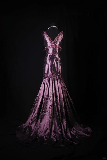 Retro Vintage 1960s Formal Mermaid V Neck Purple With Beads Long Prom Dresses Party Formal Gowns AS144