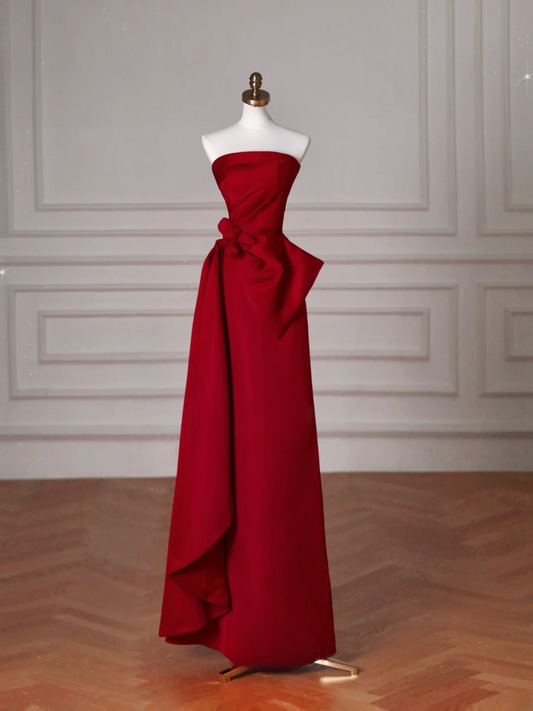 Robe de bal longue rouge satinée, bustier, coupe trapèze, idéale pour une soirée dansante ou un anniversaire (AB2210)