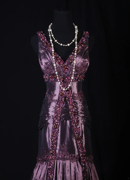 Retro Vintage 1960s Formal Mermaid V Neck Purple With Beads Long Prom Dresses Party Formal Gowns AS144