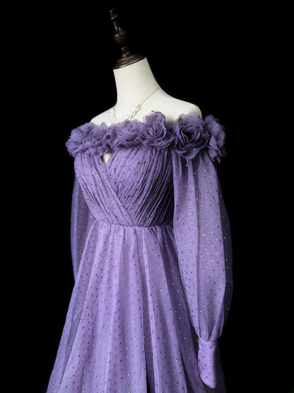 Classy Prom Dresses Ball Gown Off The Shoulder Purple With Long Sleeves Tulle Party Dress Formal Outfits RB5956