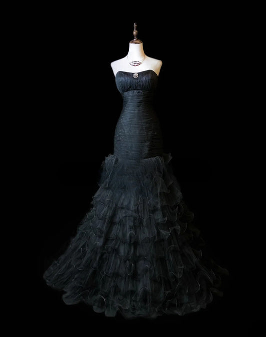 Modest Prom Dresses Mermaid Strapless Black Tie Dress With Ruffled Long Formal Outfits RB5958