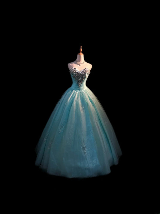 Princess Ball Gown Sweetheart Blue Tulle Long With Beading Sweet 16 Dresses Seventeen Quince Dress RB3592