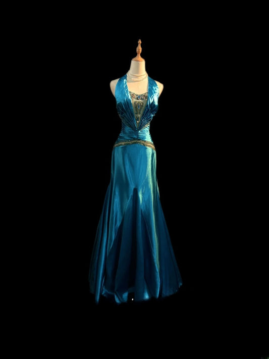 Vintage 70s Prom Dresses Mermaid Halter Blue Satin With Beaded Bodice For Women Long Evening Formal Outfits RB3593