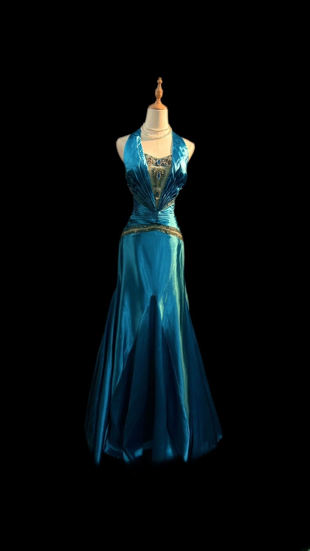Vintage 70s Prom Dresses Mermaid Halter Blue Satin With Beaded Bodice For Women Long Evening Formal Outfits RB3593