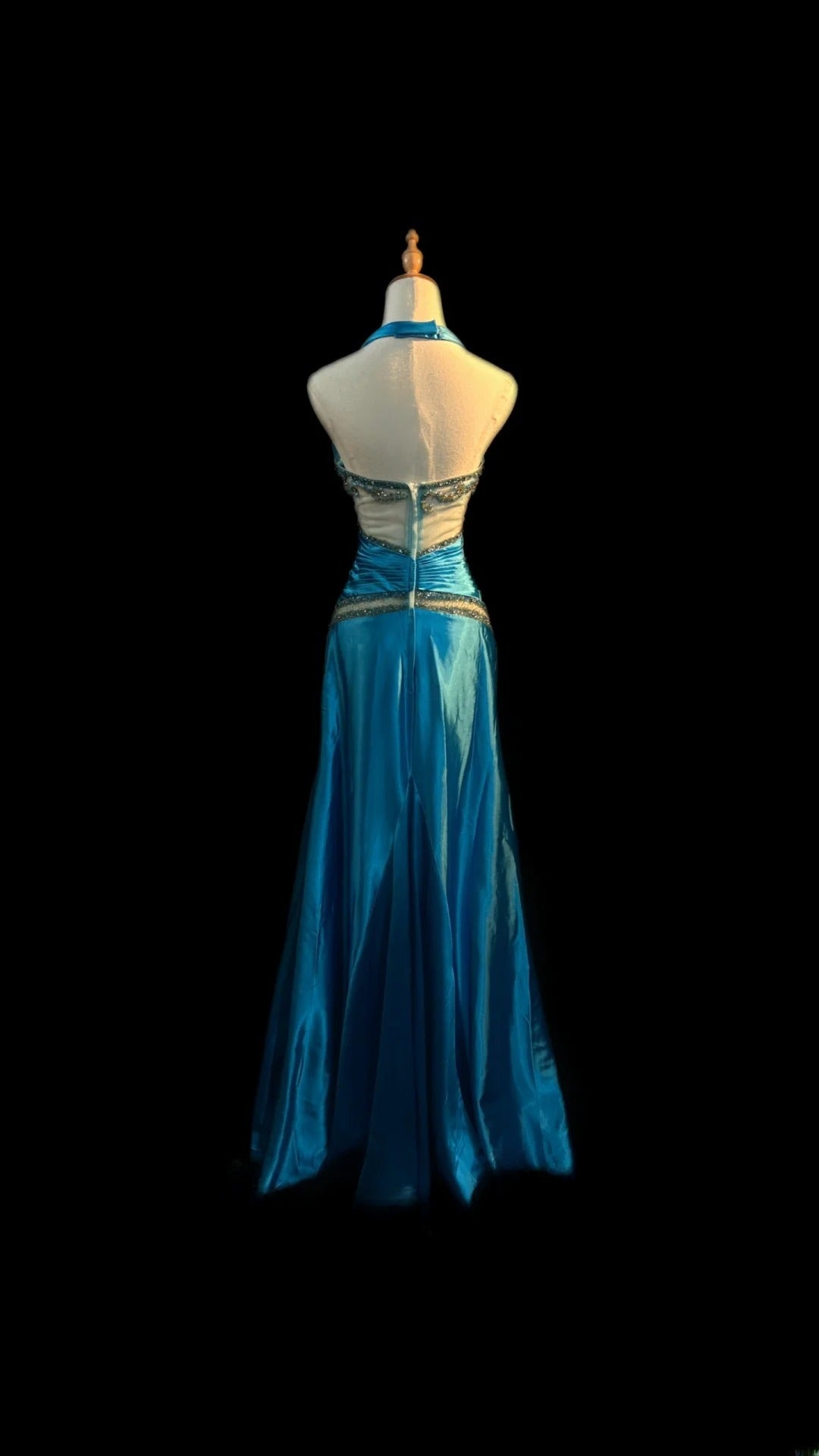 Vintage 70s Prom Dresses Mermaid Halter Blue Satin With Beaded Bodice For Women Long Evening Formal Outfits RB3593