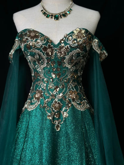 Classy Prom Dresses Ball Gown Off The Shoulder Dark Green With Long Sleeves Gold Lace Tulle Formal Outfits RB5959