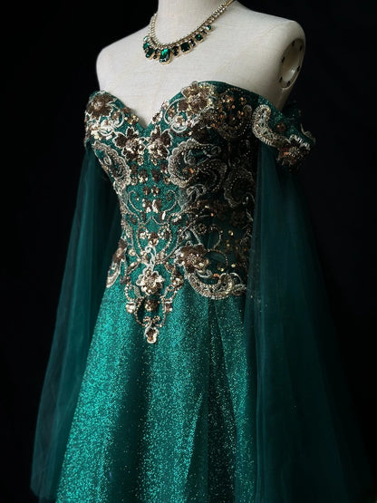 Classy Prom Dresses Ball Gown Off The Shoulder Dark Green With Long Sleeves Gold Lace Tulle Formal Outfits RB5959