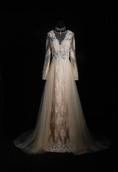 Robe de mariée élégante pour femme, coupe trapèze, col en V, manches longues, dentelle champagne, longueur au sol, AS151
