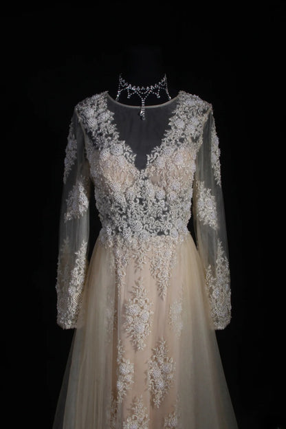 Robe de mariée élégante pour femme, coupe trapèze, col en V, manches longues, dentelle champagne, longueur au sol, AS151