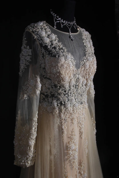 Robe de mariée élégante pour femme, coupe trapèze, col en V, manches longues, dentelle champagne, longueur au sol, AS151