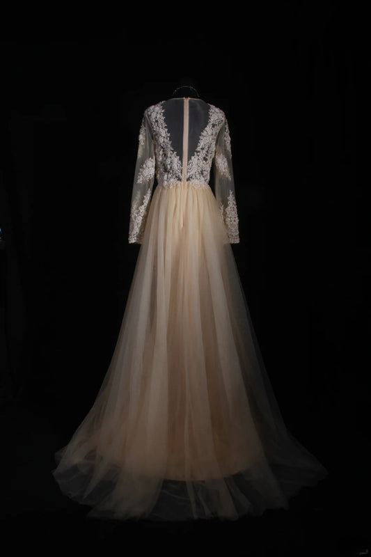 Elegant Women's A line V Neck With Long Sleeves Champagne Lace Floor Length Wedding Gowns Dresses AS151