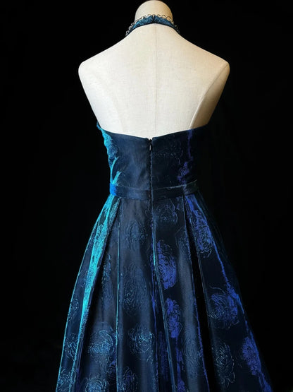 Retro Ball Gown Halter Navy Blue Floral Satin Long Date Night Outfits Semi Formal Prom Wedding Guest Dresses RB5960