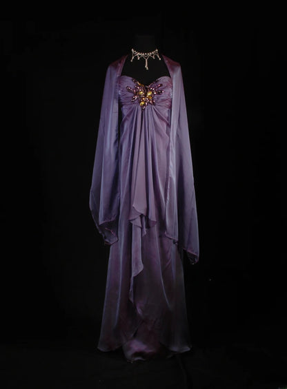 Retro 70s 1960s Formal A Line Halter Purple With Gem Beads Cape Sleeveless Long Prom Dresses Party Formal Gowns AS152