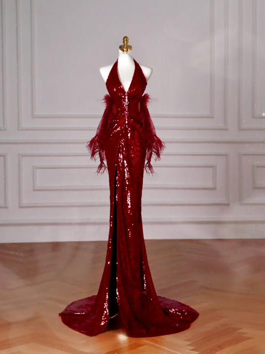 Robe de bal longue bordeaux à paillettes, dos nu, style sirène, ornée de sequins, idéale pour une soirée dansante ou un anniversaire (AB2209)