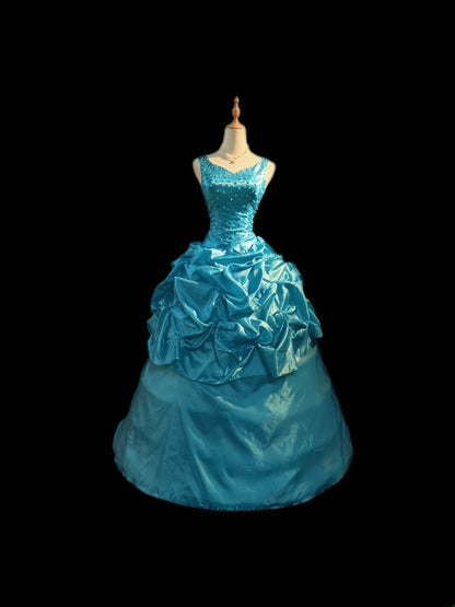 Princess Ball Gown Sweetheart Blue Satin Long With Beading Sweet 16 Dresses Seventeen Quince Dress RB3594
