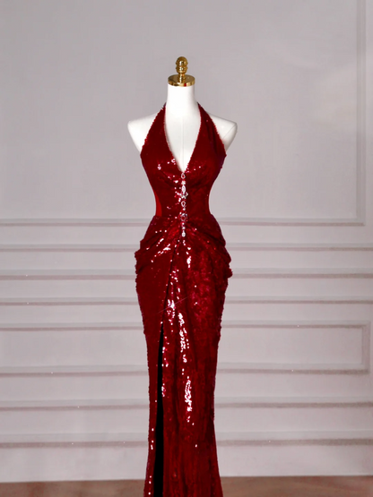 Robe de bal longue bordeaux à paillettes, dos nu, style sirène, ornée de sequins, idéale pour une soirée dansante ou un anniversaire (AB2209)