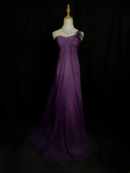 Retro A line One Shoulder Purple Chiffon Long Date Night Outfits Semi Formal Prom Wedding Guest Dresses RB5963