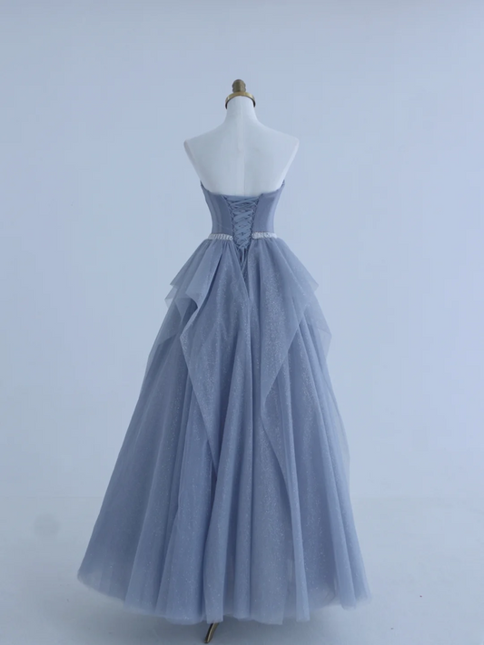 Charming Ball Gown Strapless Dusty Blue Tulle Long Prom Dresses Impress 18th Birthday Outfits Prom Gown AS156