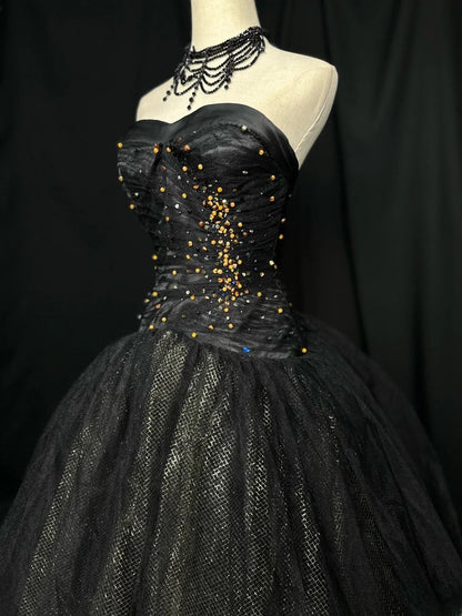 Pretty Ball Gown Sweetheart Black Tulle With Gold Beads Long 15 Quinceanera Dresses Photo Ideas Formal Outfit RB5965