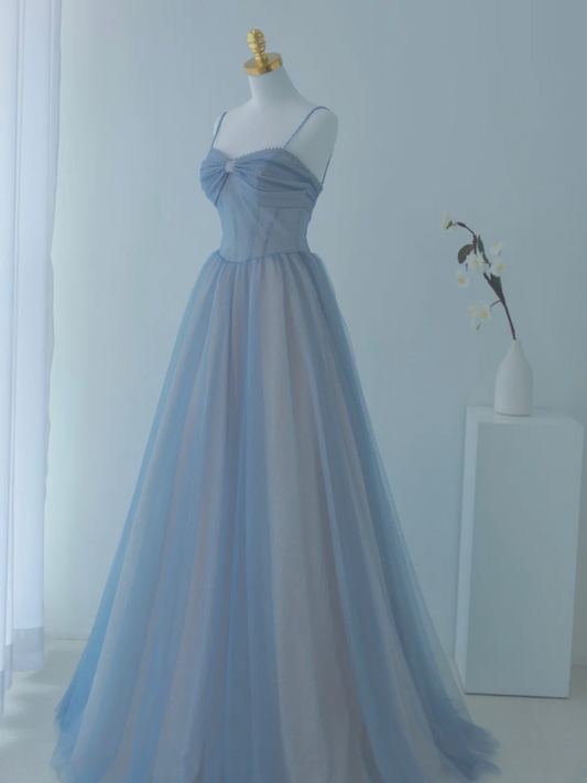 Charming Ball Gown Spaghetti Straps Dusty Blue Tulle Long Prom Dresses Impress 18th Birthday Outfits Prom Gown AS157