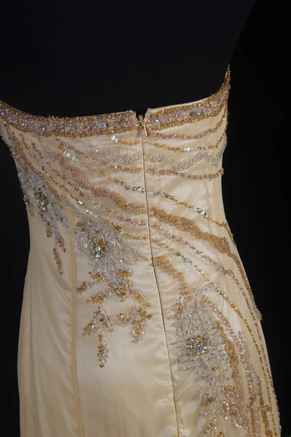 Funkelnde Ballkleider im ästhetischen Meerjungfrauen-Stil mit Neckholder in Champagner mit Perlen – Inspiration für ein beeindruckendes langes, formelles Partykleid für Teenager und Gymnasiasten AS159