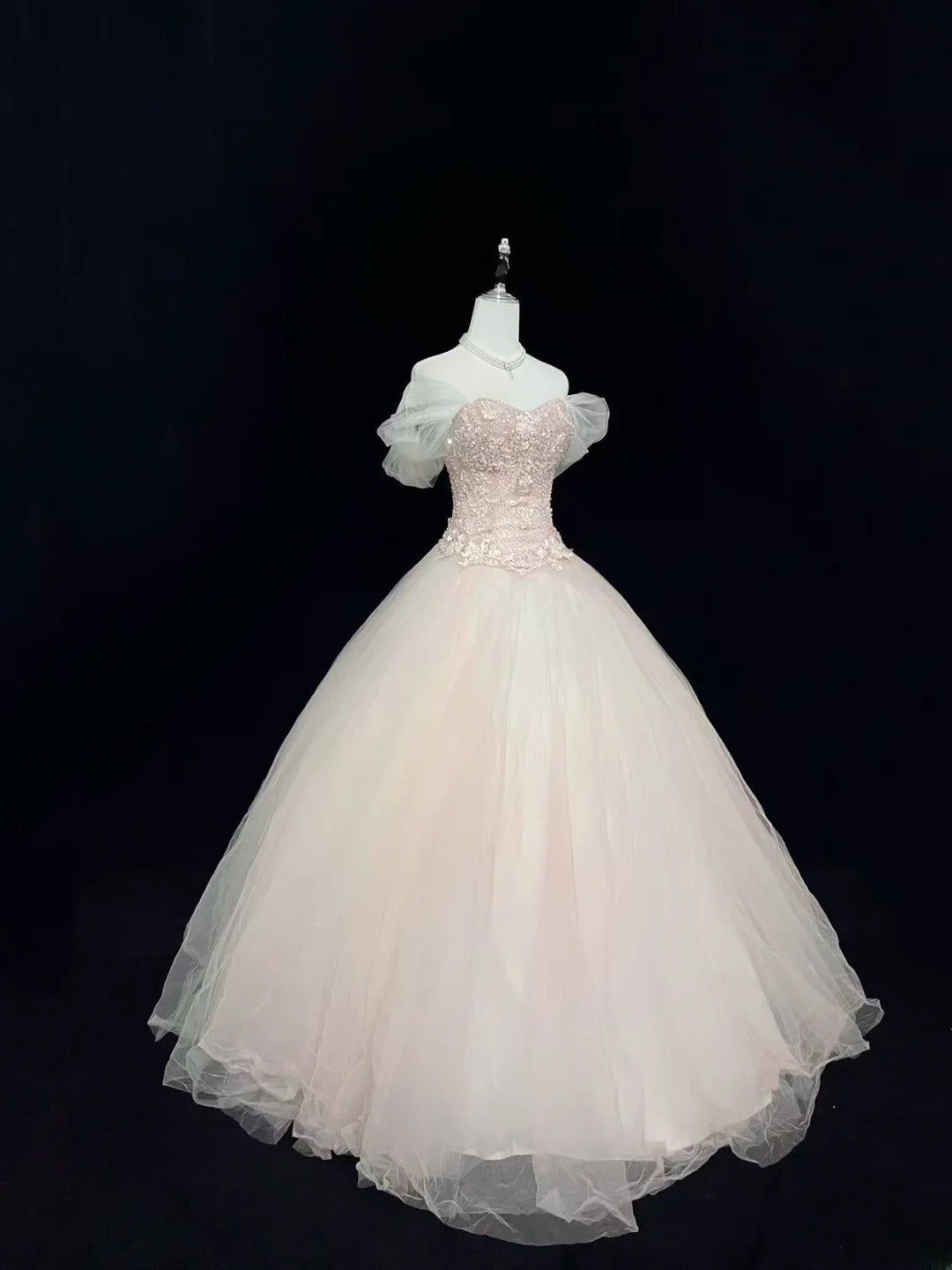Cute Ball Gown Boat Light Pink With Appliqued Sleeves Long Quince Dress Voluminous Sweet 16 Sweet Sixteen Outfits Vestido de 15 RB7539