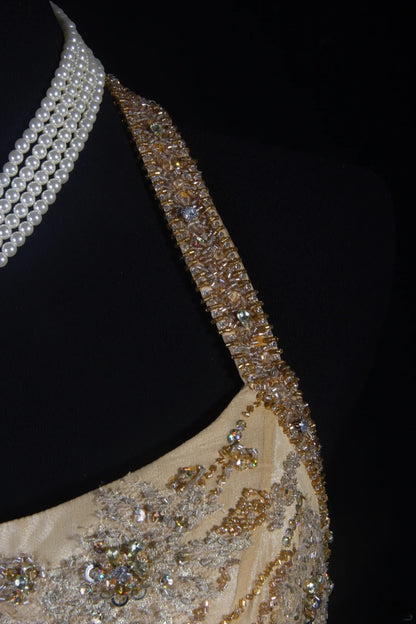 Funkelnde Ballkleider im ästhetischen Meerjungfrauen-Stil mit Neckholder in Champagner mit Perlen – Inspiration für ein beeindruckendes langes, formelles Partykleid für Teenager und Gymnasiasten AS159