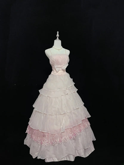 Vintage Ball Gown Spaghetti Straps Pink Chiffon With Appliqued Lace Long Prom Dress Formal Outfits Party Dresses RB7540