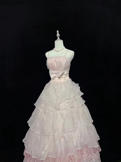 Vintage Ball Gown Spaghetti Straps Pink Chiffon With Appliqued Lace Long Prom Dress Formal Outfits Party Dresses RB7540