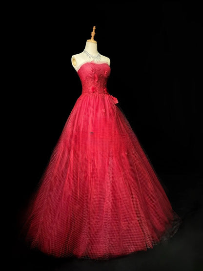 Vintage Prom Dresses Ball Gown Strapless Red Tulle With Flowers Long Party Gown Formal Outfits RB5969