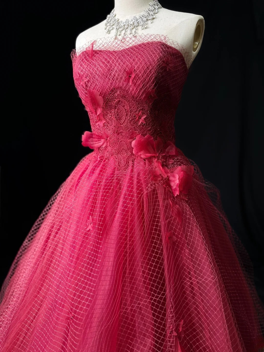 Vintage Prom Dresses Ball Gown Strapless Red Tulle With Flowers Long Party Gown Formal Outfits RB5969