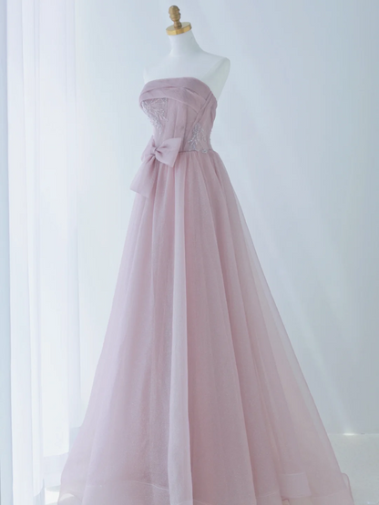 Einfaches, trägerloses, langes, formelles A-Linien-Kleid aus rosa Tüll für Abschlussball, Tanzabend oder Geburtstag (AS162)