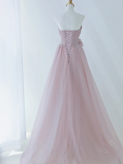 Einfaches, trägerloses, langes, formelles A-Linien-Kleid aus rosa Tüll für Abschlussball, Tanzabend oder Geburtstag (AS162)