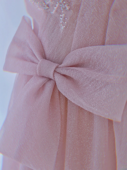 Einfaches, trägerloses, langes, formelles A-Linien-Kleid aus rosa Tüll für Abschlussball, Tanzabend oder Geburtstag (AS162)