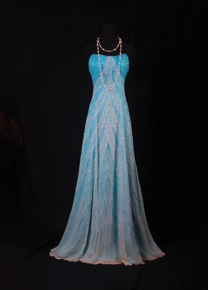 Sparkly Prom Dresses Aesthetic A line Strapless Blue With Beads Inspo Impress Long Party Semi Formal Gown For Senior Teens High Schools AS163