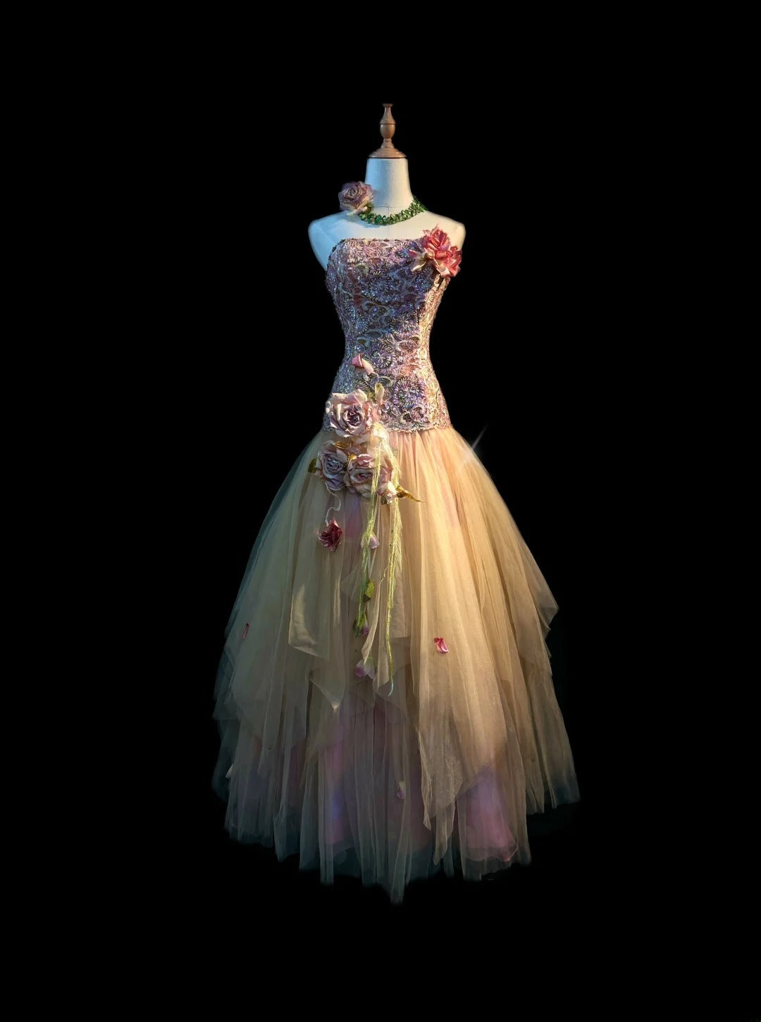 Robes de bal vintage sirène bustier en tulle champagne avec dentelle sans manches longues tenues de soirée formelles RB3599