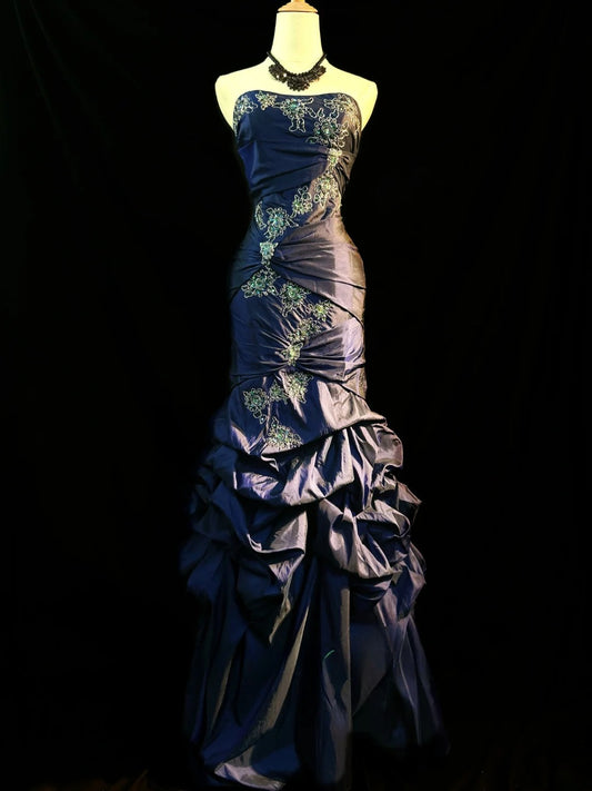 Vintage Prom Dresses Mermaid Strapless Navy Blue Taffeta With Lace Sleeveless Long Evening Formal Outfits RB3600