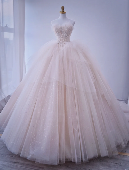 Robe de bal bustier rose clair unique, ornée de perles à plusieurs niveaux, longue, idéale pour une quinceañera, un anniversaire de 15 ou 16 ans (AS166)