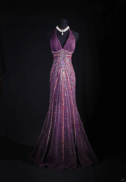 Vintage Prom Dresses Aesthetic Mermaid Halter Purple Semi Formal With Beads Inspo Impress Long Party Formal Gown For Teens High Schools AS166