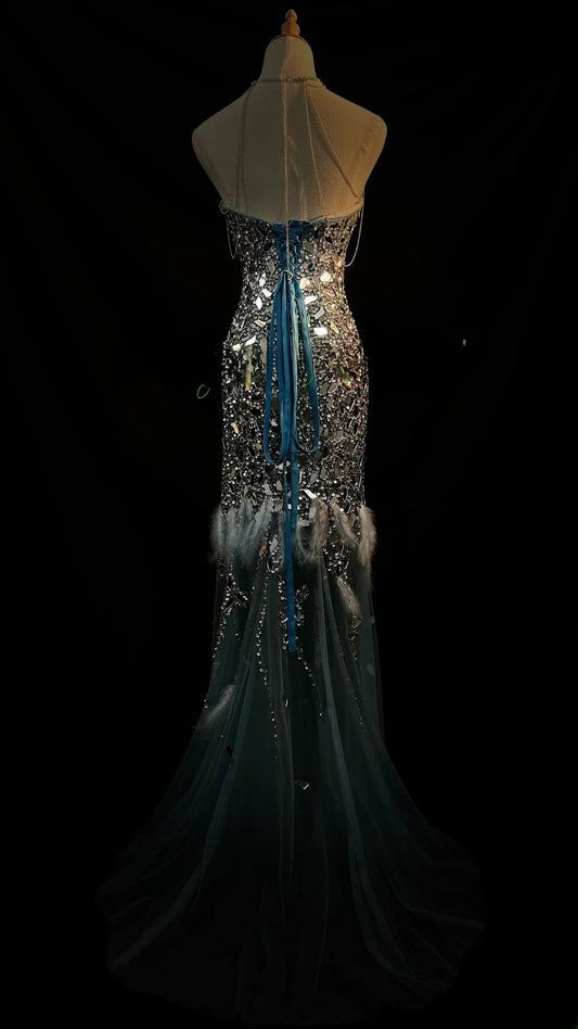 Vintage Prom Dresses Mermaid Sweetheart  Light Sky Blue With Crystals Sleeveless Long Evening Formal Outfits RB3603