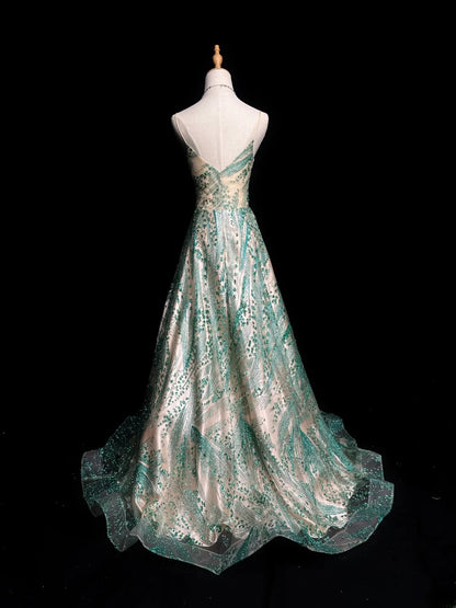 Vintage Prom Dresses Ball Gown Spaghetti Strap Green Sequin Long Party Gown Formal Outfits RB5979