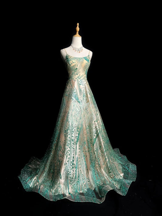 Vintage Prom Dresses Ball Gown Spaghetti Strap Green Sequin Long Party Gown Formal Outfits RB5979