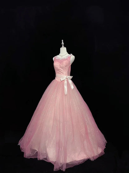 Cute Ball Gown Scoop Pink With Lace Tulle Long Quince Dress Voluminous Sweet 16 Sweet Sixteen Outfits Vestido de 15 RB7574