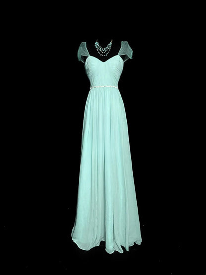 Simple Prom Dresses A line Sweetheart Blue Chiffon With Beads Sleeveless Long Formal Outfits RB5981
