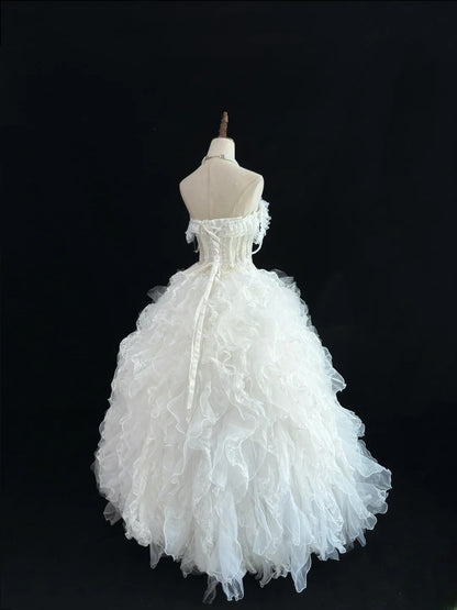 Cute Ball Gown Spaghetti Straps White Tulle With Tiered Layers Long Quince Dress Voluminous Sweet 16 Sweet Sixteen Outfits Vestido de 15 RB7575