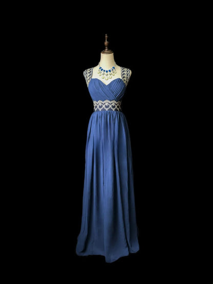 Simple Prom Dresses A line Sweetheart Navy Blue Chiffon With Lace Sleeveless Long Formal Outfits RB5982